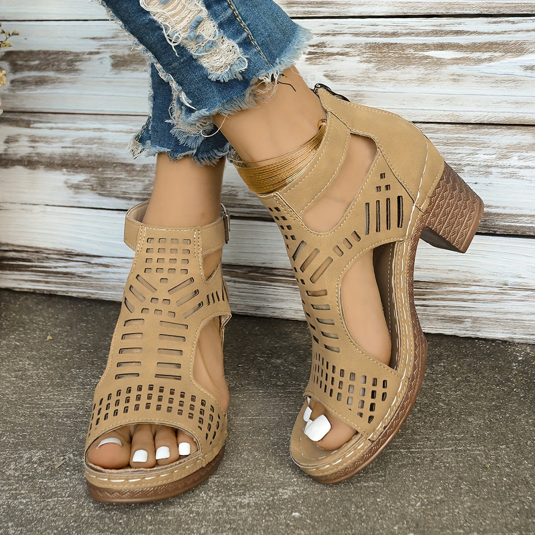 Olivia Sydney - Ergonomic Sandal with Block Heel and Laser-Cut Decoration