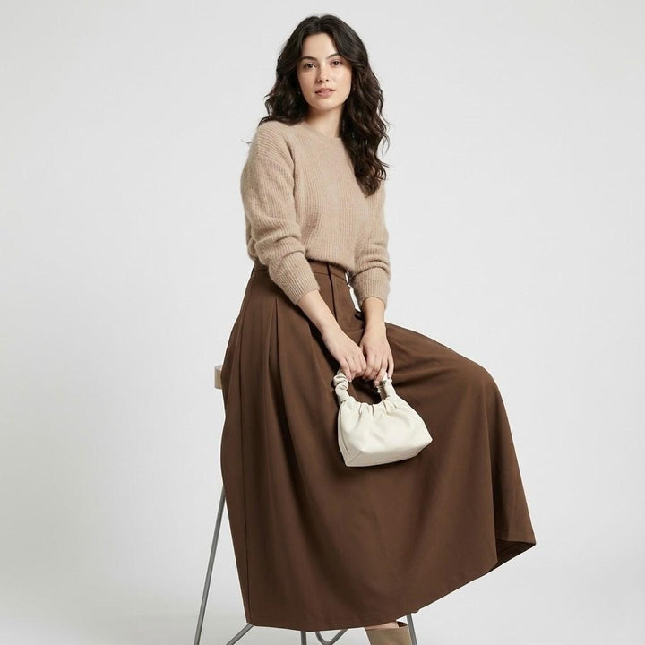 Olivia Sydney - High-Waisted Maxi Pleated Skirt in Structured Fabric