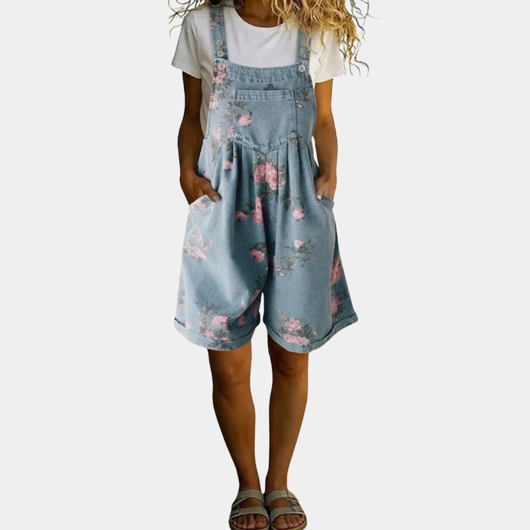 Olivia Sydney - Floral Denim Jumpsuit with Vintage Wash