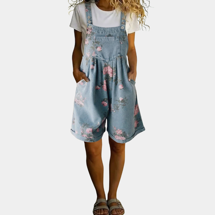 Olivia Sydney - Floral Denim Jumpsuit with Vintage Wash