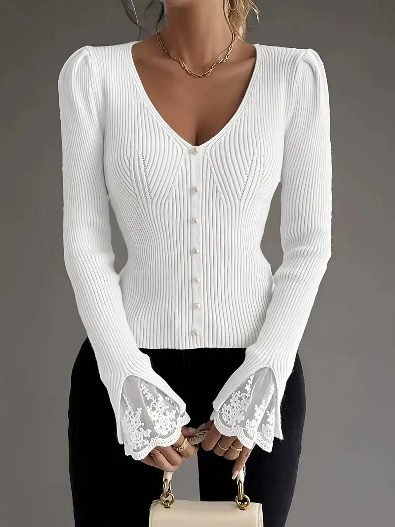 Olivia Sydney - Ribbed V-Neck Top with Lace Sleeves