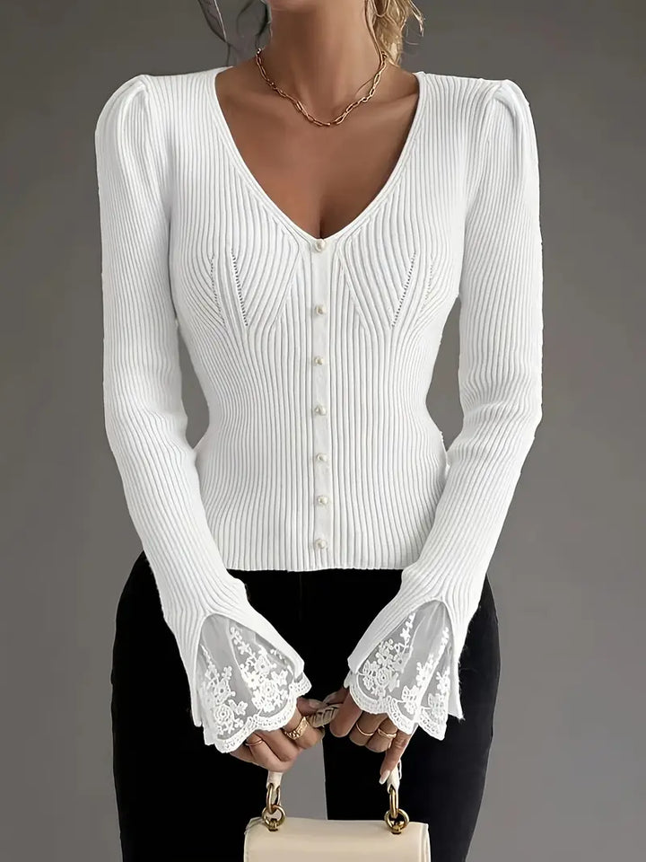 Olivia Sydney - Ribbed V-Neck Top with Lace Sleeves