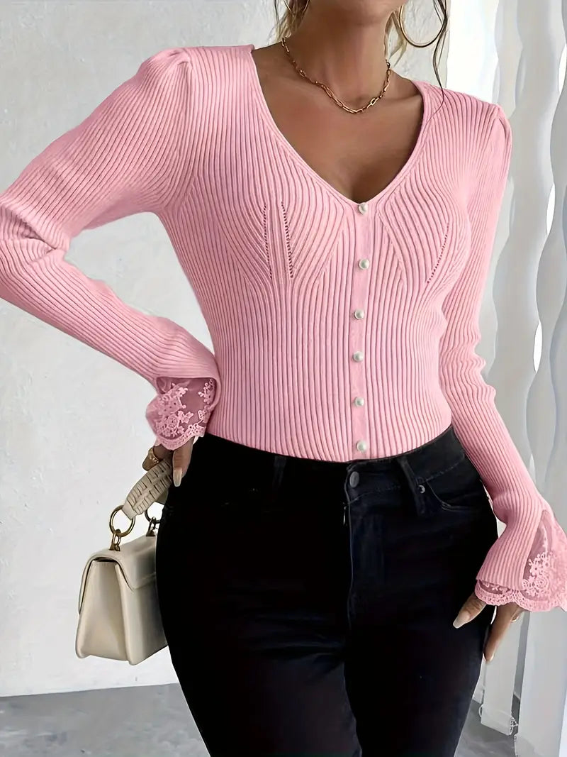 Olivia Sydney - Ribbed V-Neck Top with Lace Sleeves