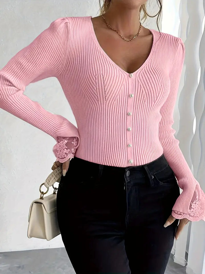 Olivia Sydney - Ribbed V-Neck Top with Lace Sleeves