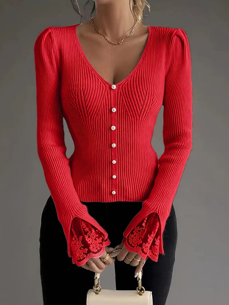 Olivia Sydney - Ribbed V-Neck Top with Lace Sleeves