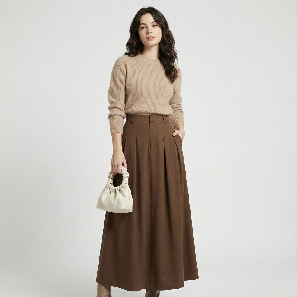 Olivia Sydney - High-Waisted Maxi Pleated Skirt in Structured Fabric