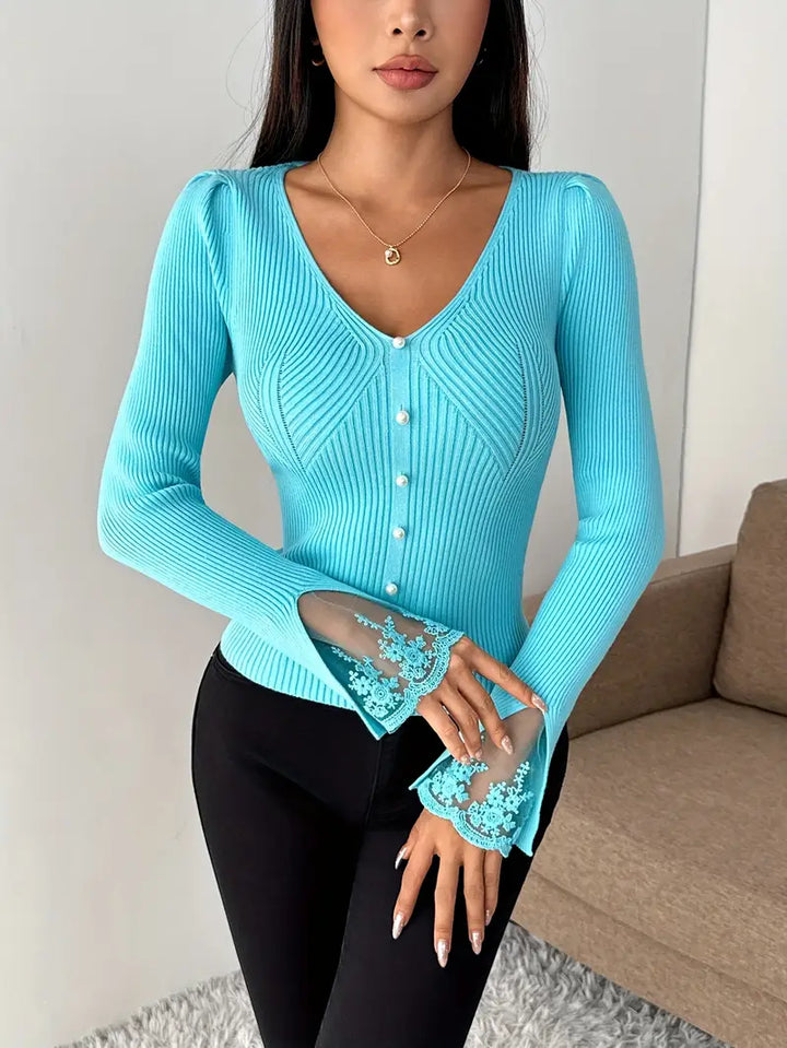 Olivia Sydney - Ribbed V-Neck Top with Lace Sleeves