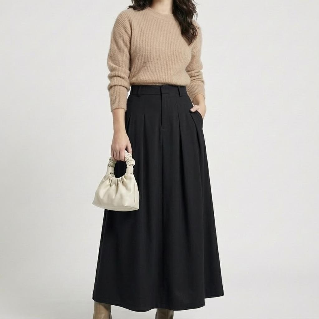 Olivia Sydney - High-Waisted Maxi Pleated Skirt in Structured Fabric