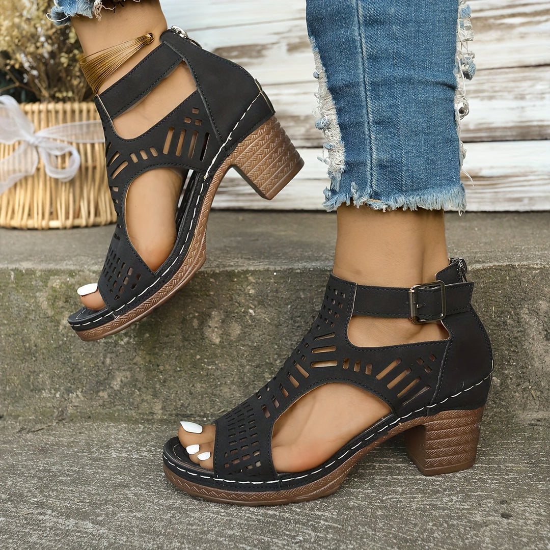 Olivia Sydney - Ergonomic Sandal with Block Heel and Laser-Cut Decoration