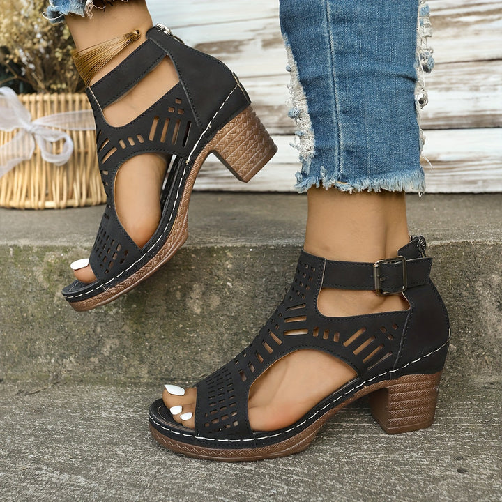 Olivia Sydney - Ergonomic Sandal with Block Heel and Laser-Cut Decoration