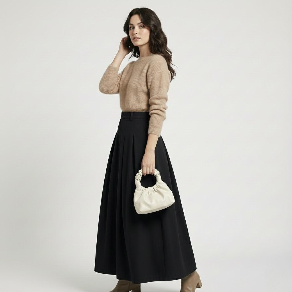 Olivia Sydney - High-Waisted Maxi Pleated Skirt in Structured Fabric