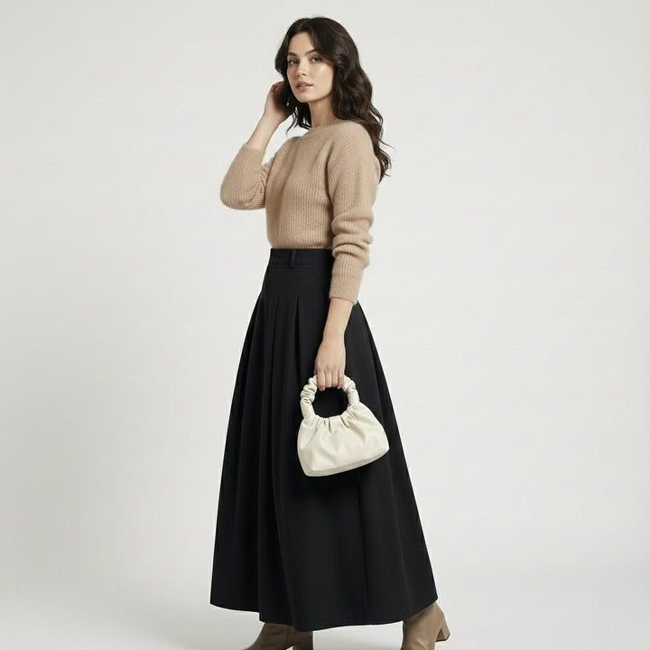 Olivia Sydney - High-Waisted Maxi Pleated Skirt in Structured Fabric