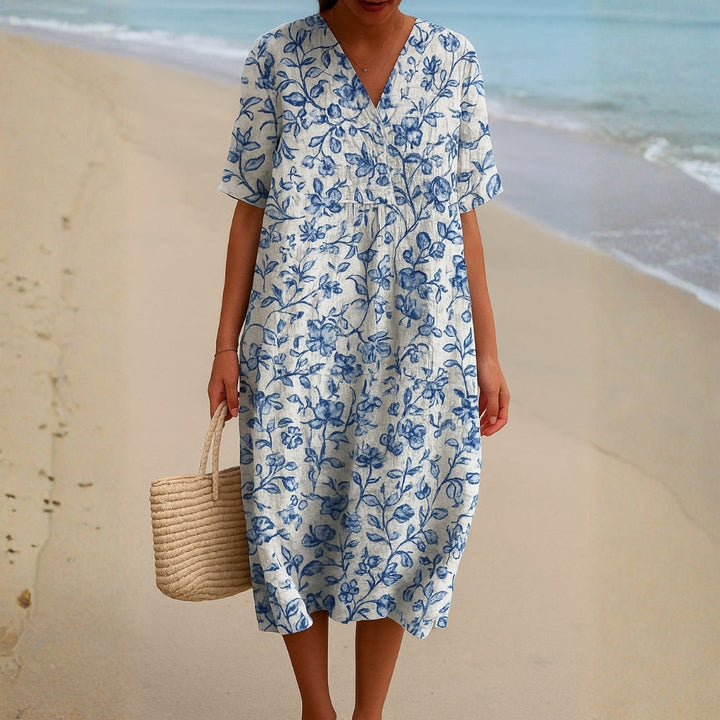 Olivia Sydney - Ivory Dress with Porcelain Blue Floral Accents