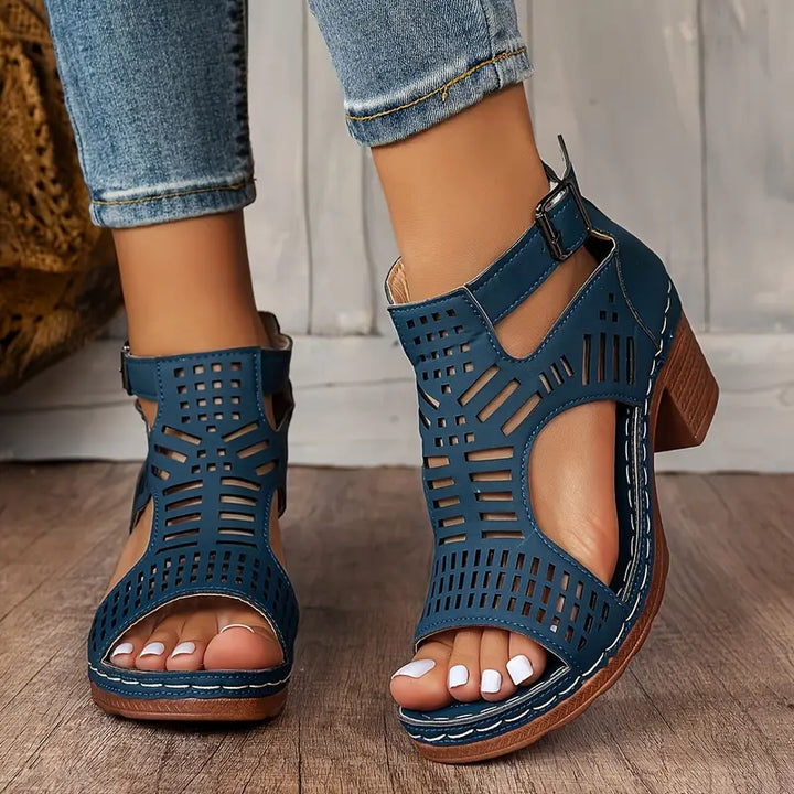 Olivia Sydney - Ergonomic Sandal with Block Heel and Laser-Cut Decoration