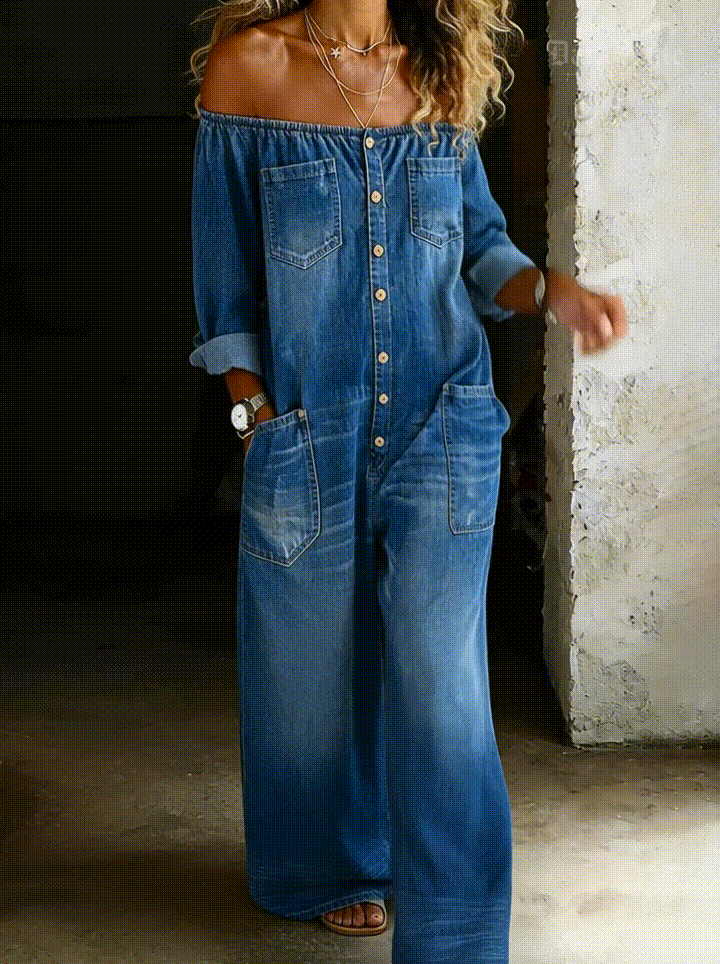 Olivia Sydney - Off-Shoulder Denim Jumpsuit