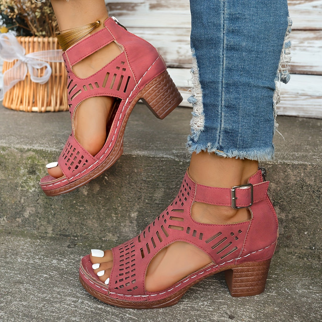 Olivia Sydney - Ergonomic Sandal with Block Heel and Laser-Cut Decoration