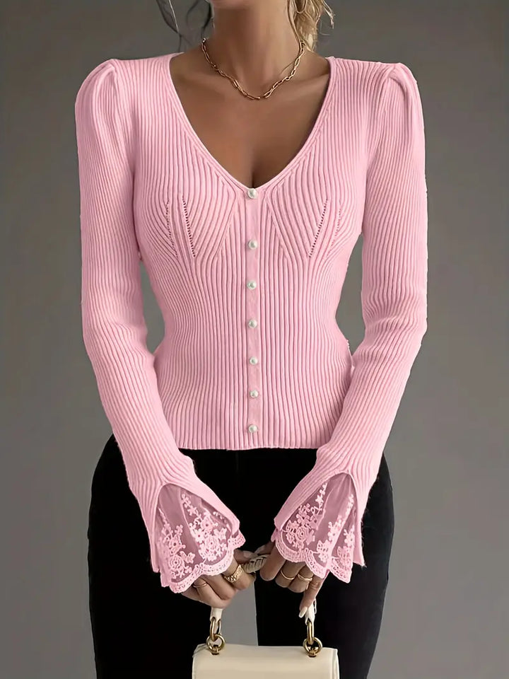 Olivia Sydney - Ribbed V-Neck Top with Lace Sleeves