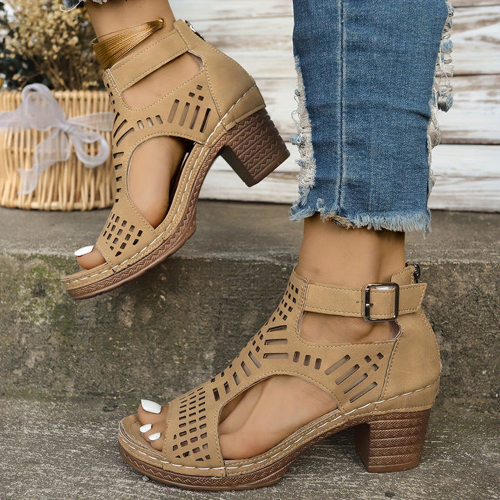 Olivia Sydney - Ergonomic Sandal with Block Heel and Laser-Cut Decoration