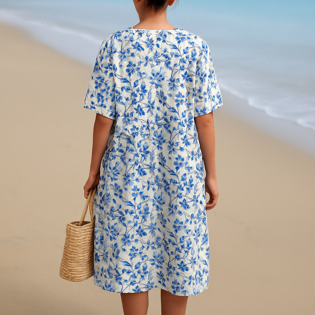 Olivia Sydney - Ivory Dress with Porcelain Blue Floral Accents