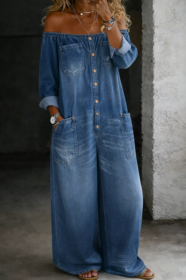 Olivia Sydney - Off-Shoulder Denim Jumpsuit
