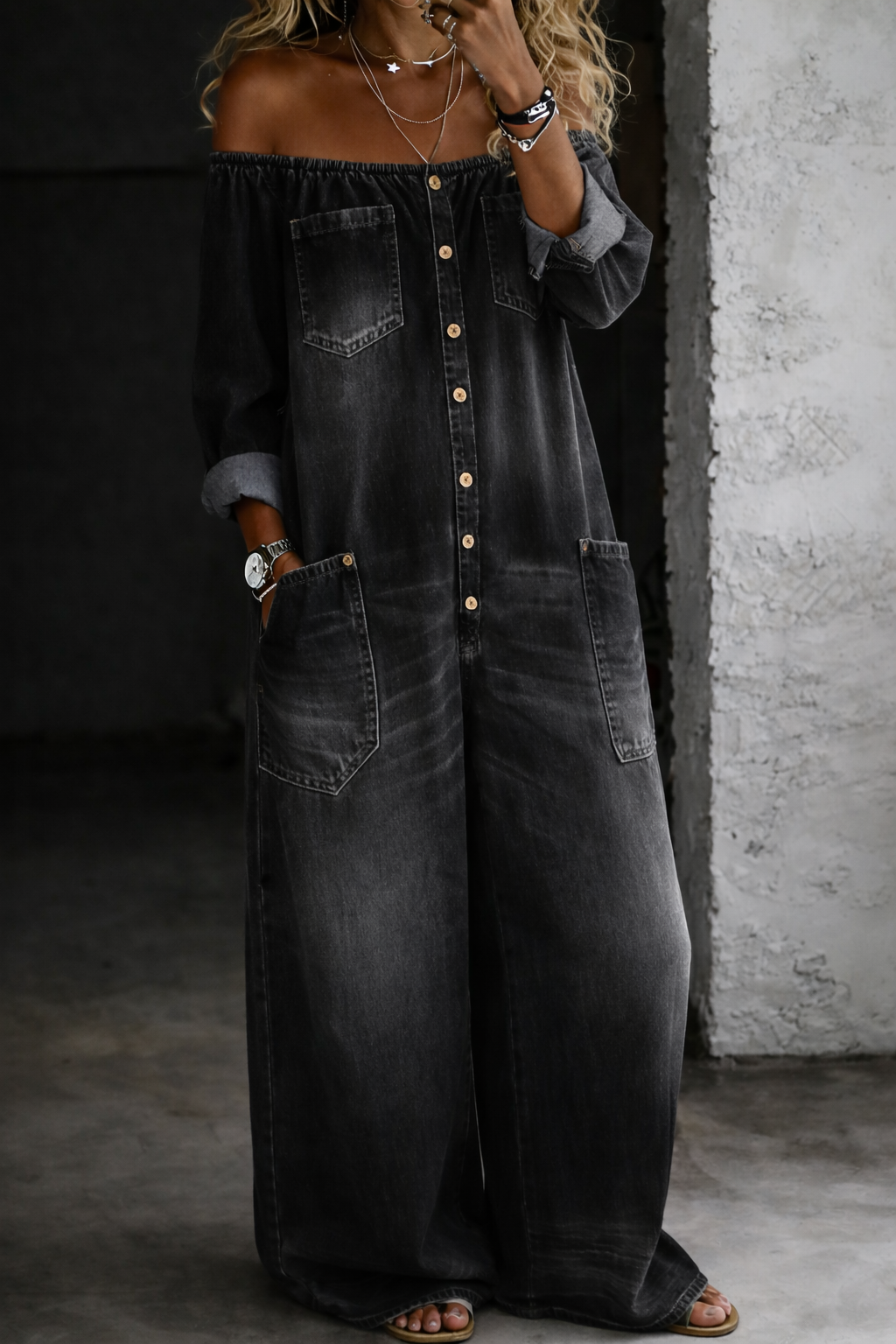 Olivia Sydney - Off-Shoulder Denim Jumpsuit