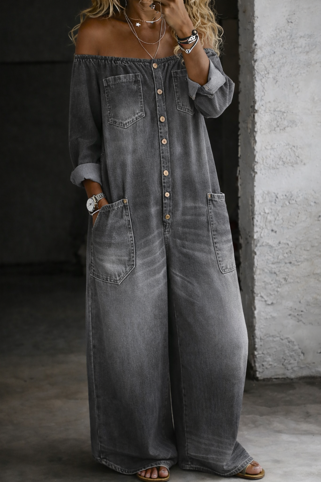 Olivia Sydney - Off-Shoulder Denim Jumpsuit