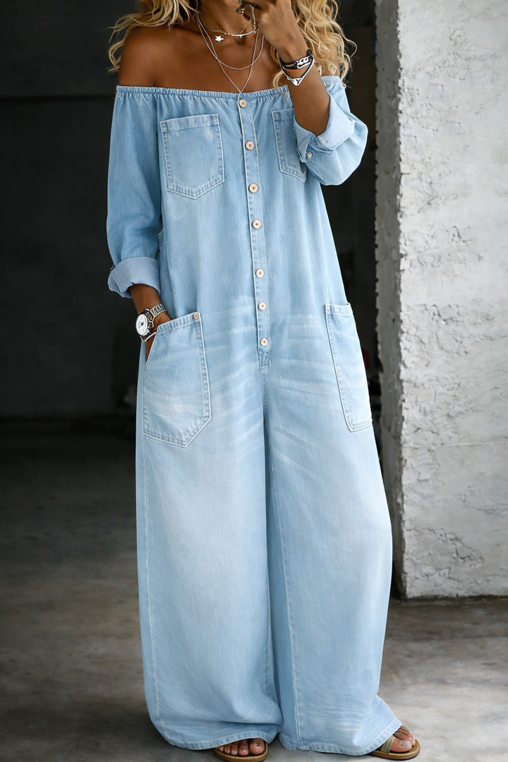 Olivia Sydney - Off-Shoulder Denim Jumpsuit