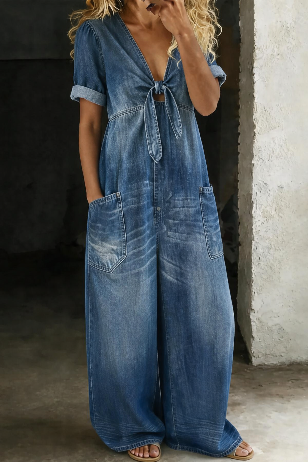 Olivia Sydney - V-Neck Denim Jumpsuit