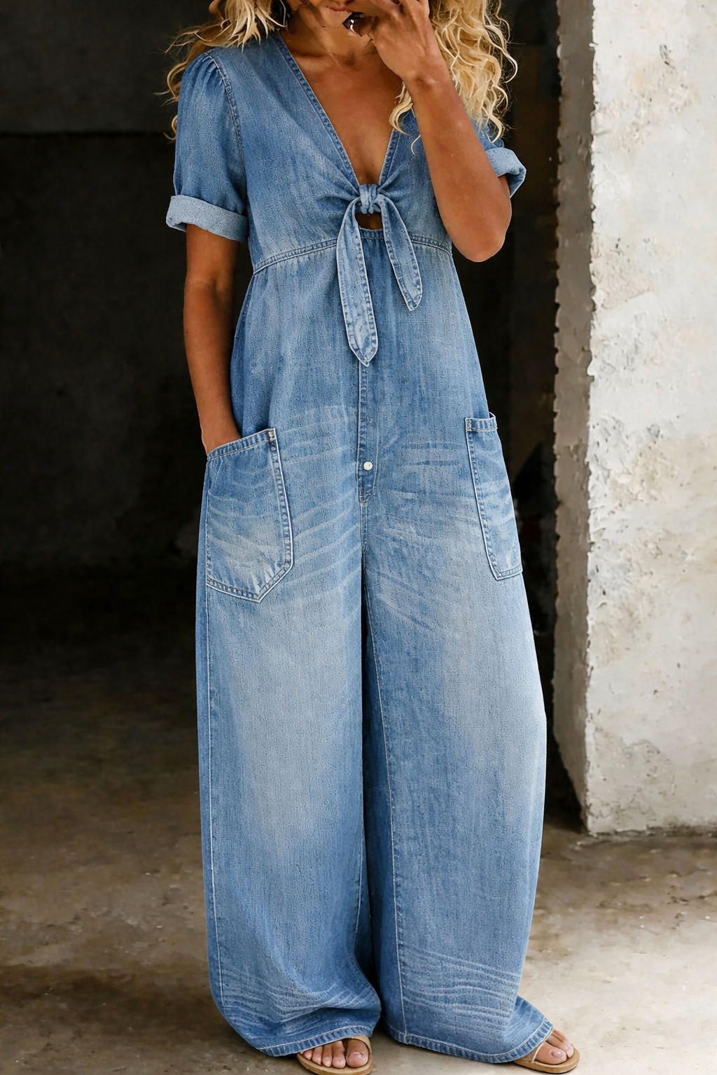 Olivia Sydney - V-Neck Denim Jumpsuit