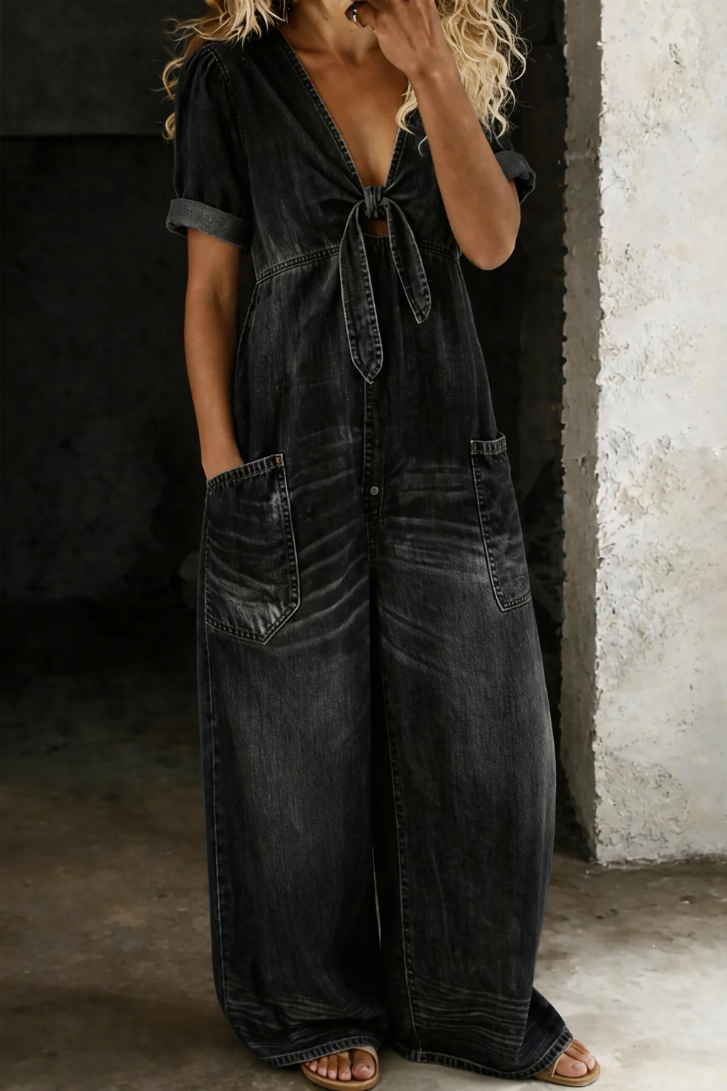 Olivia Sydney - V-Neck Denim Jumpsuit