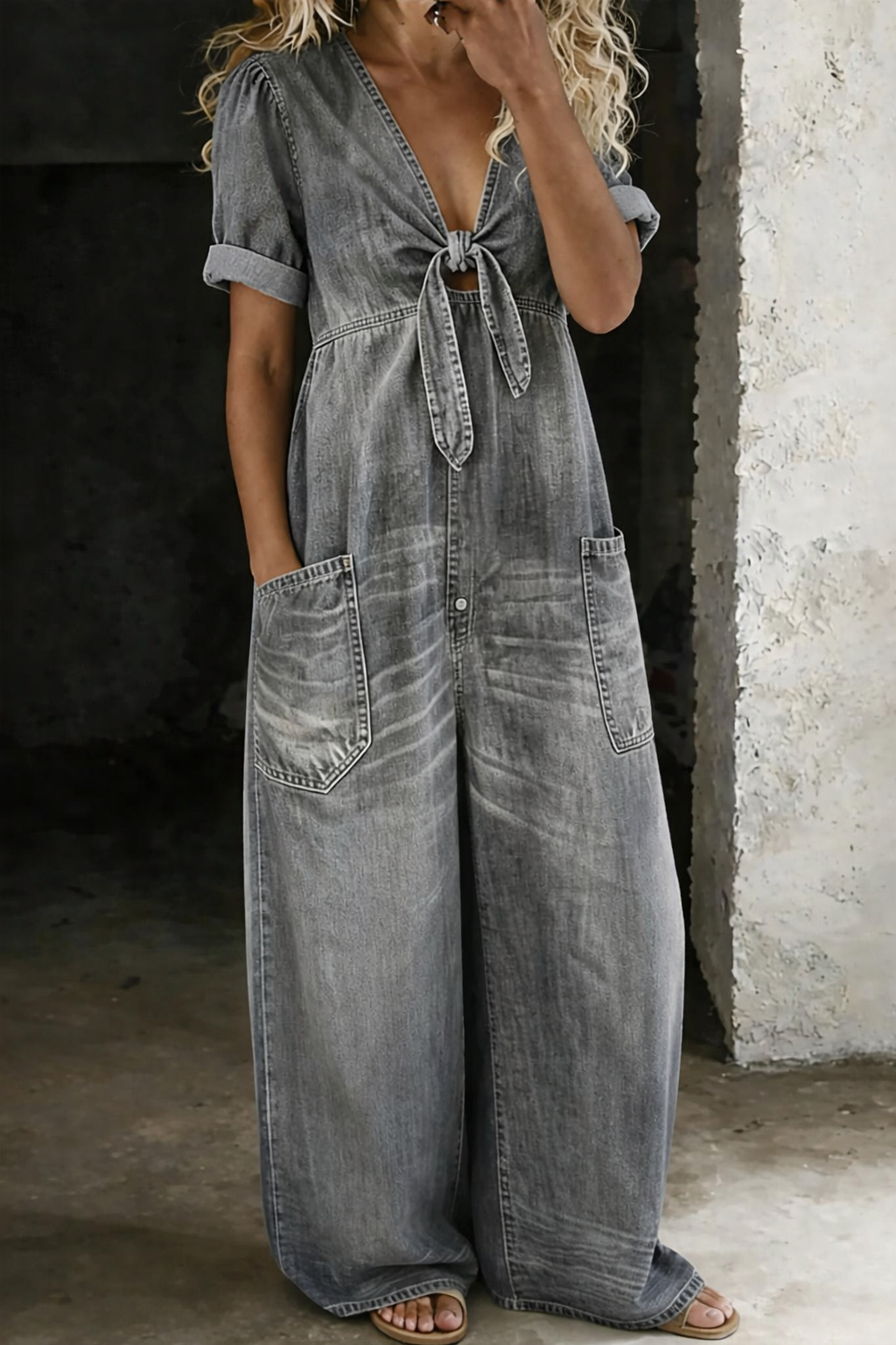 Olivia Sydney - V-Neck Denim Jumpsuit