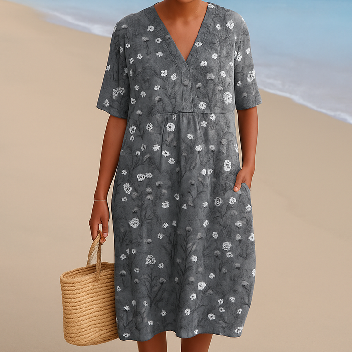 Olivia Sydney - Charcoal Floral Dress with White Accents