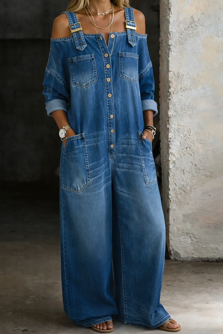 Olivia Sydney - Denim Jumpsuit with Exposed Shoulders
