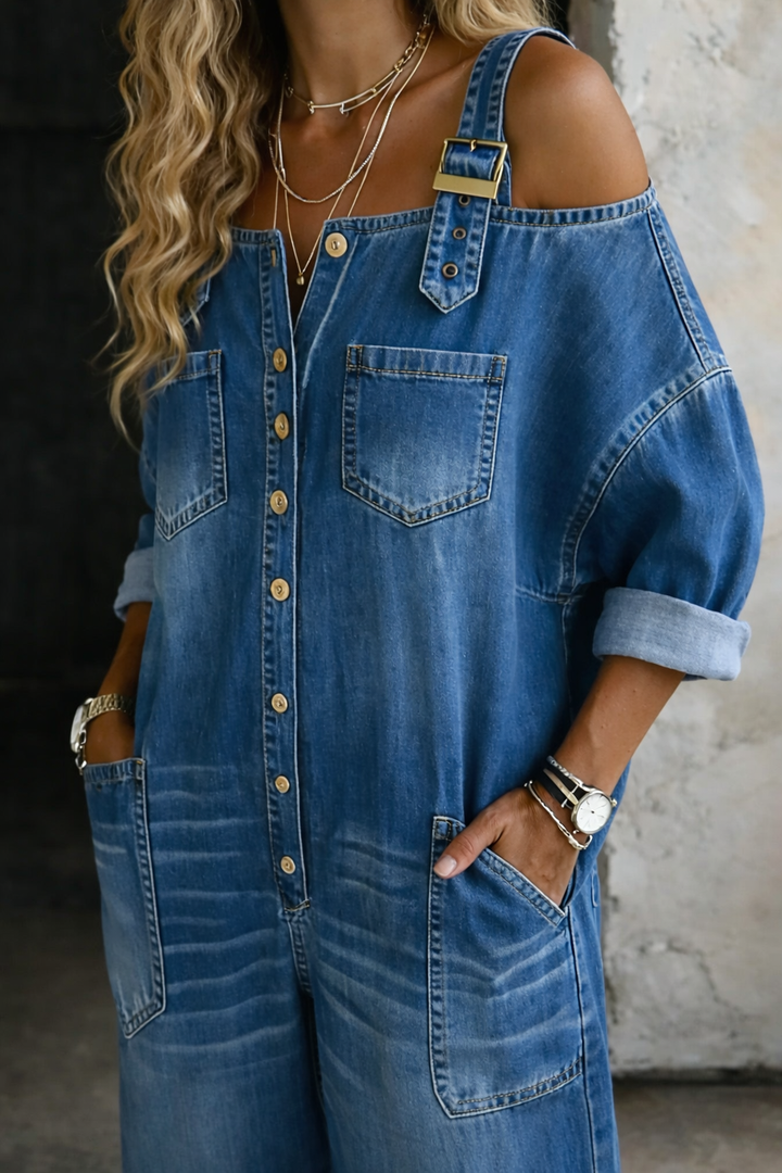 Olivia Sydney - Denim Jumpsuit with Exposed Shoulders