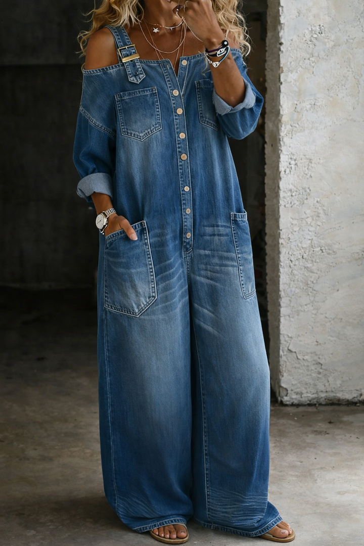 Olivia Sydney - Denim Jumpsuit with Exposed Shoulders