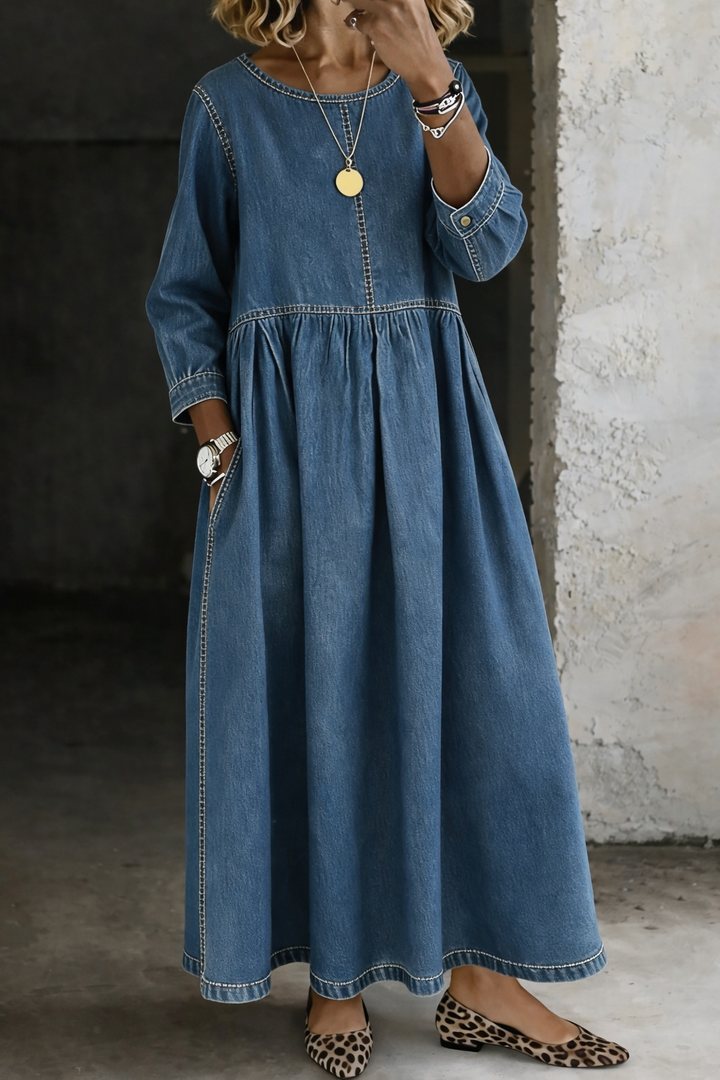 Olivia Sydney - Denim Dress with Round Neck and Long Sleeves