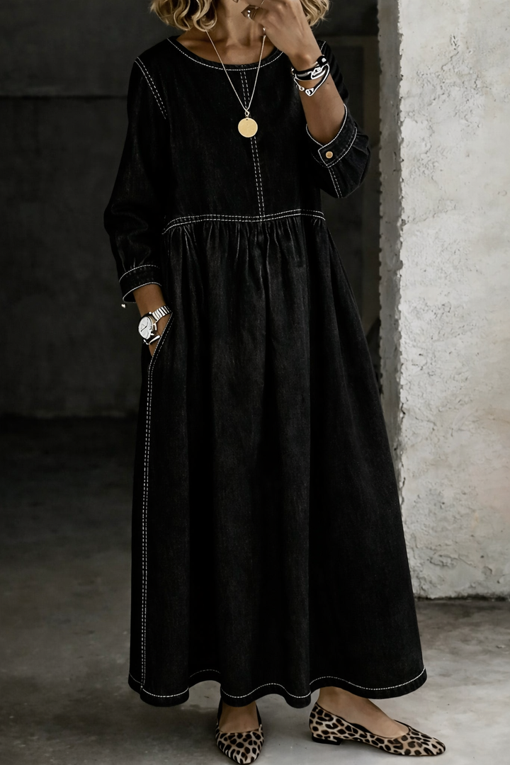 Olivia Sydney - Denim Dress with Round Neck and Long Sleeves