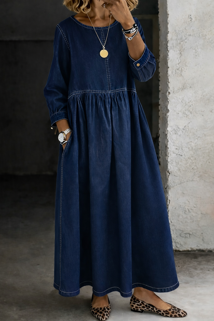 Olivia Sydney - Denim Dress with Round Neck and Long Sleeves