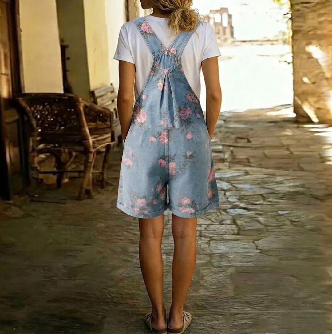 Olivia Sydney - Floral Denim Jumpsuit with Vintage Wash