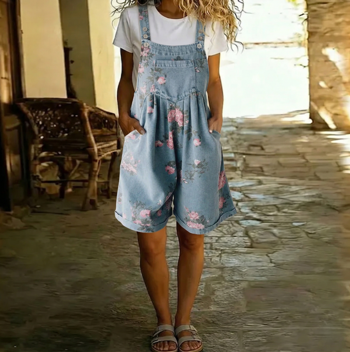 Olivia Sydney - Floral Denim Jumpsuit with Vintage Wash