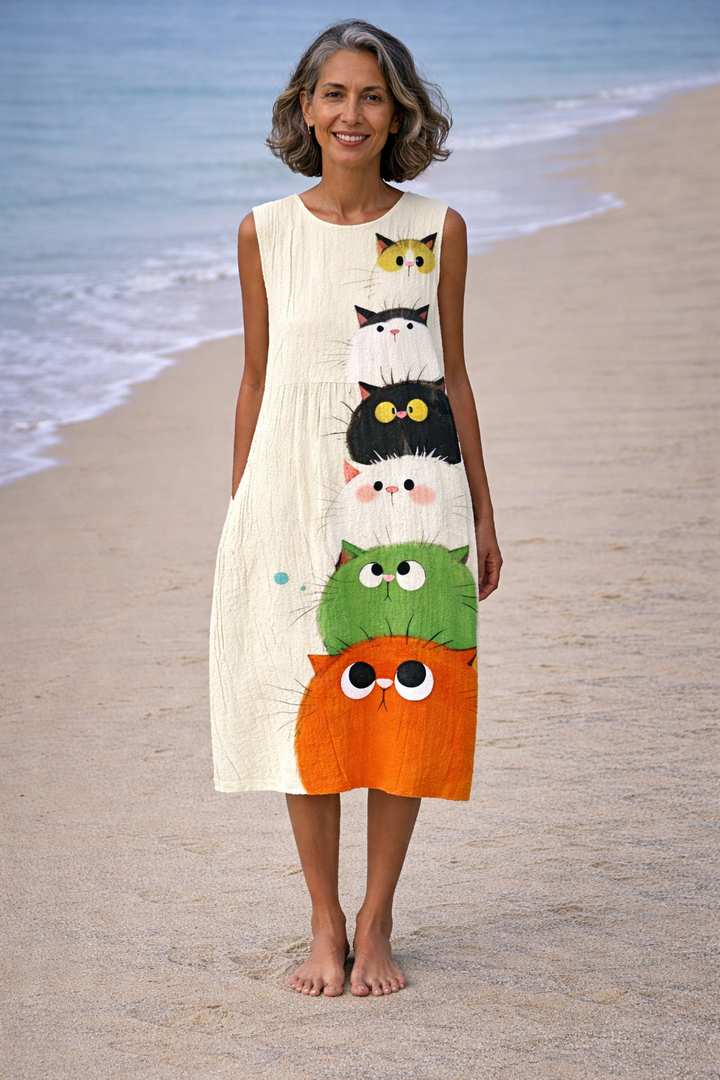 Olivia Sydney - Comfortable Midi Dress with Cat Print