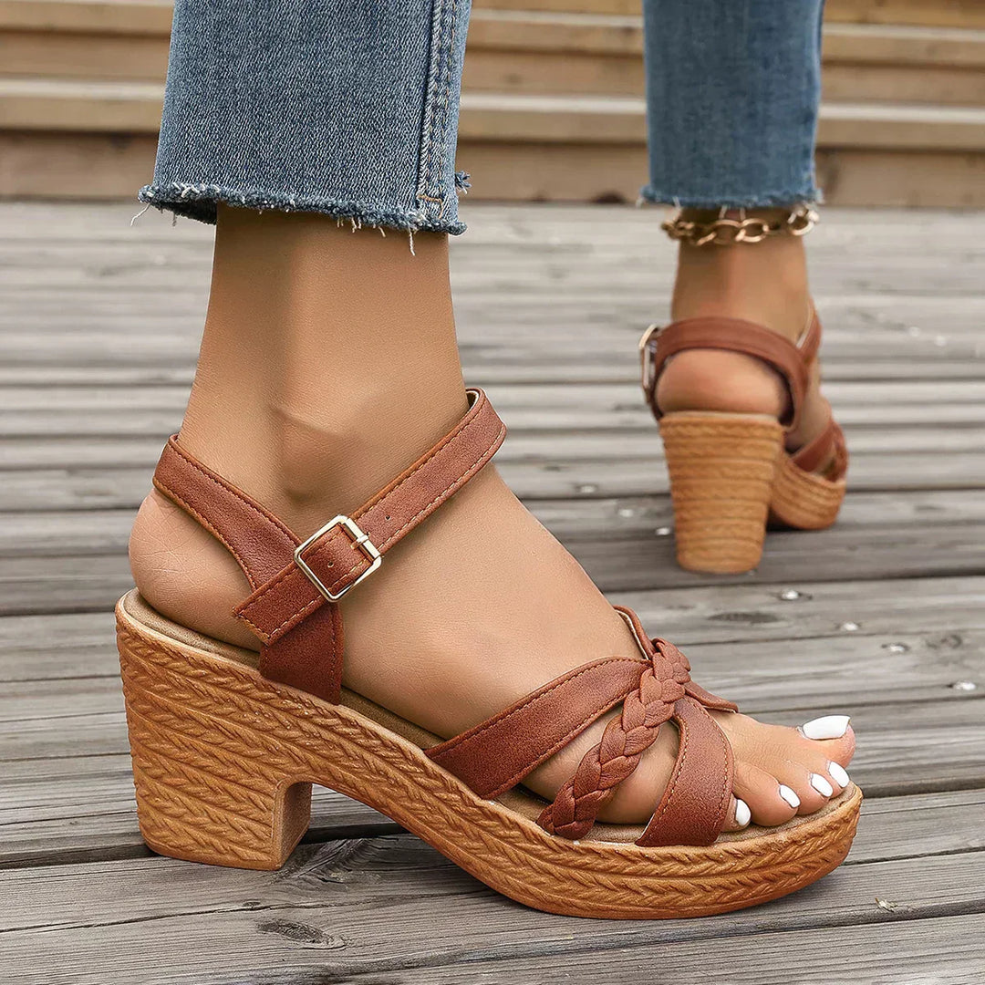 Olivia Sydney - Elegant Braided Strap Sandal with Block Heel