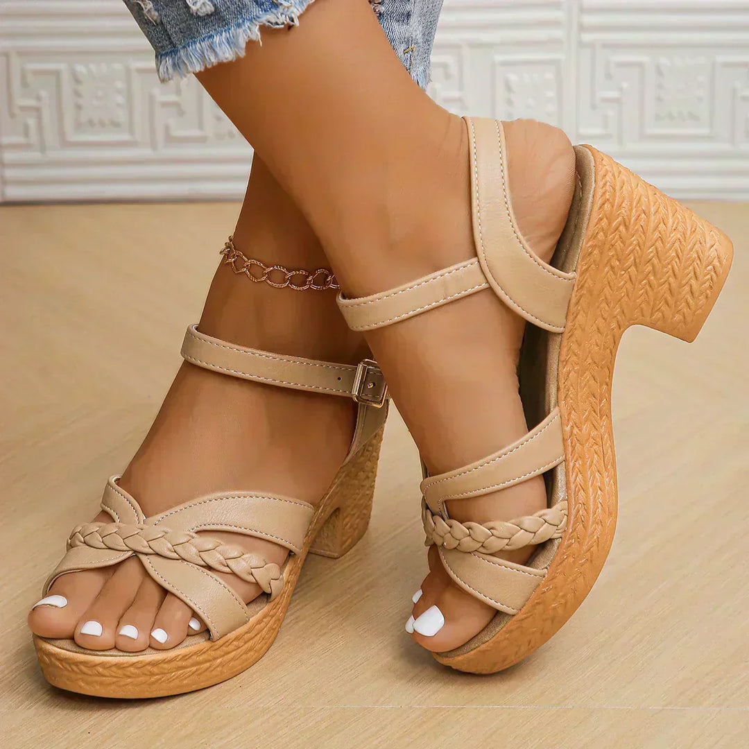 Olivia Sydney - Elegant Braided Strap Sandal with Block Heel