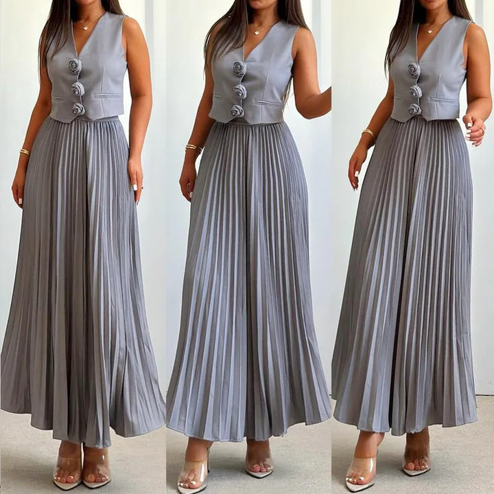 Olivia Sydney - Floral Vest and Pleated Skirt Set