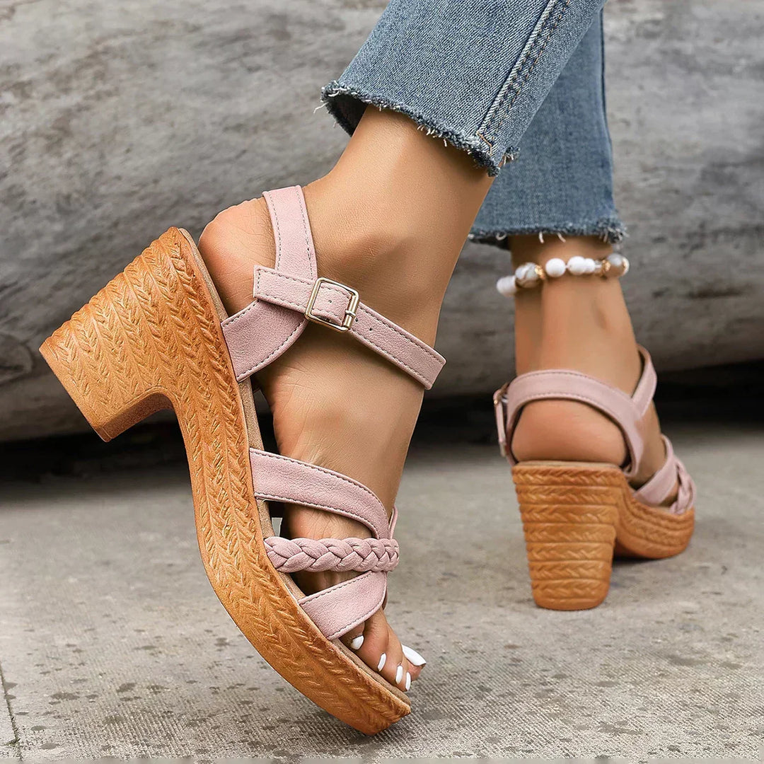 Olivia Sydney - Elegant Braided Strap Sandal with Block Heel