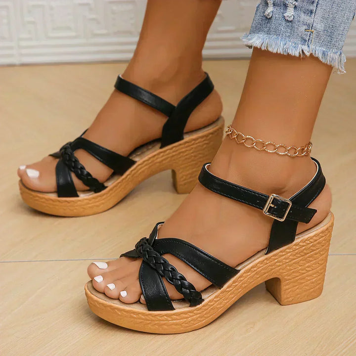 Olivia Sydney - Elegant Braided Strap Sandal with Block Heel