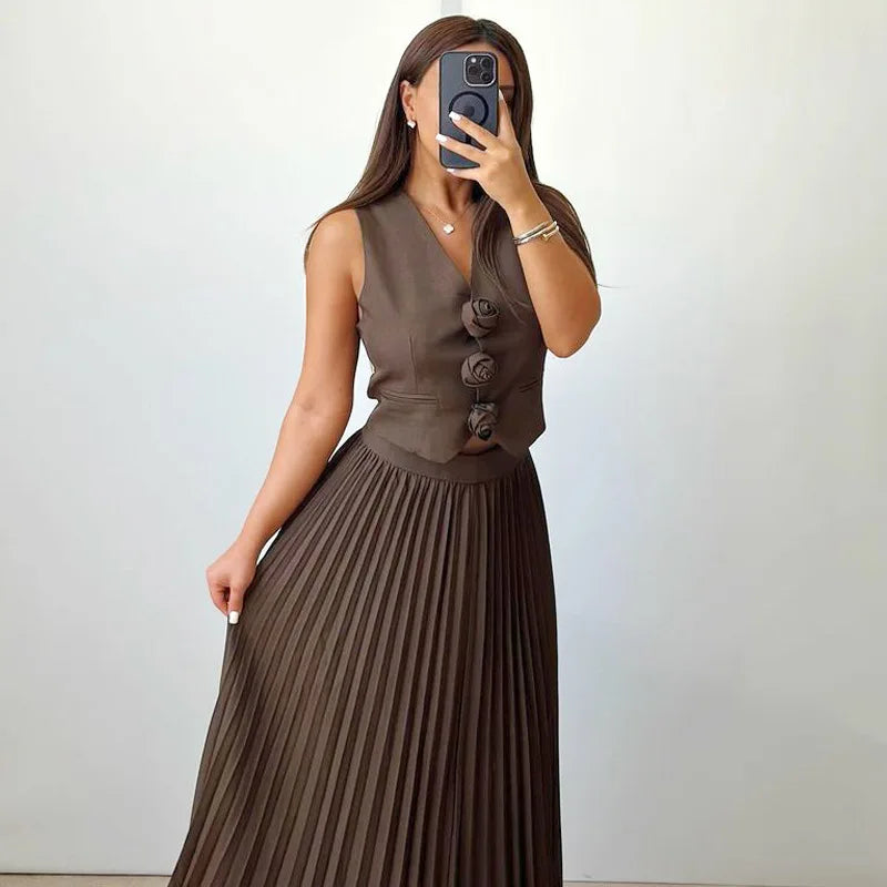 Olivia Sydney - Floral Vest and Pleated Skirt Set