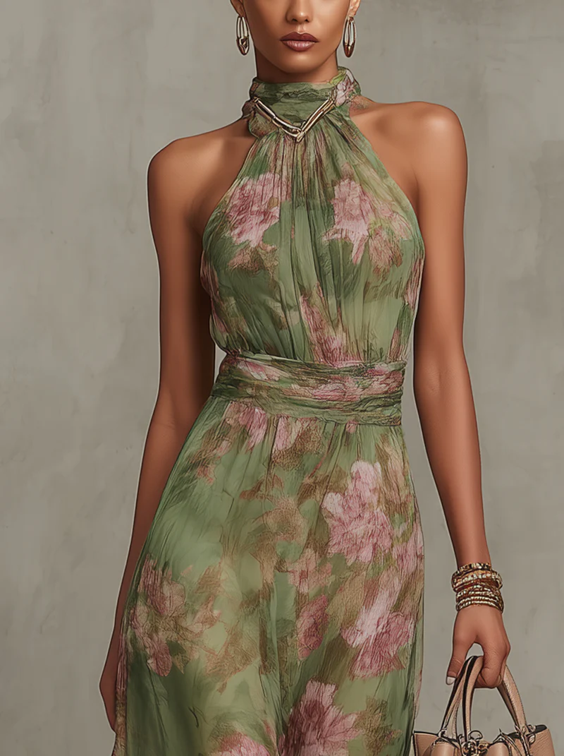 Olivia Sydney - Long Floral Green Chiffon Dress