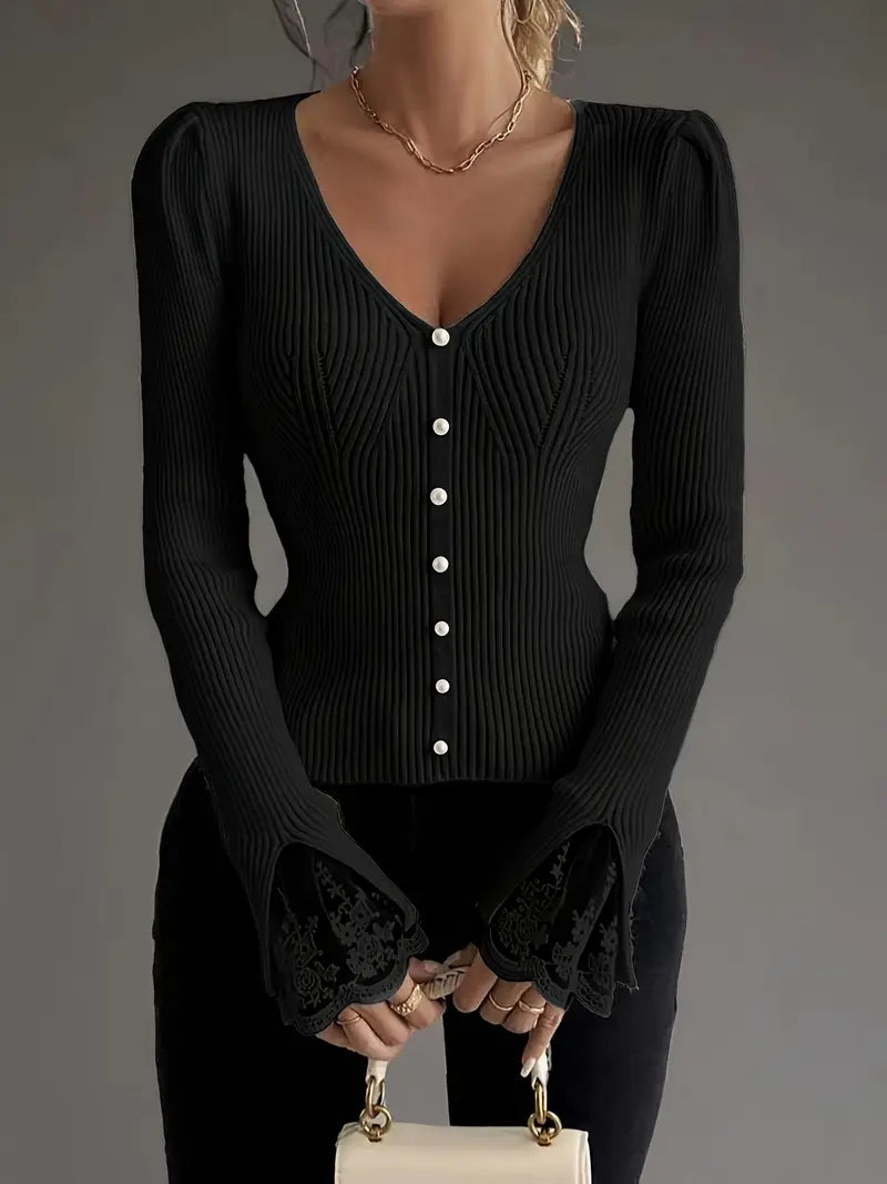 Olivia Sydney - Ribbed V-Neck Top with Lace Sleeves
