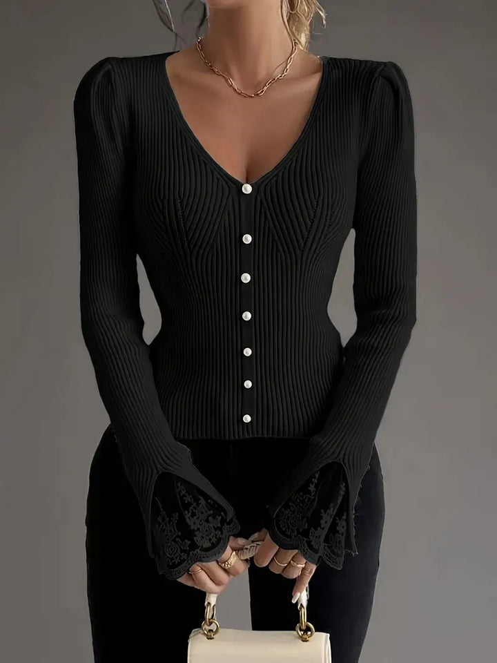 Olivia Sydney - Ribbed V-Neck Top with Lace Sleeves